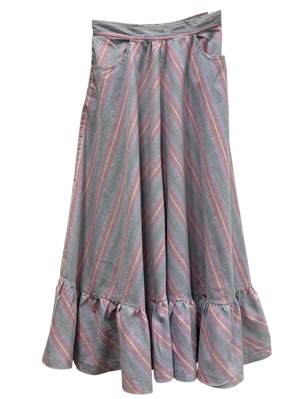 Vintage Cottagecore 100% Cotton Striped Midi Skirt with Ruffle Hem - Picture 2 of 10